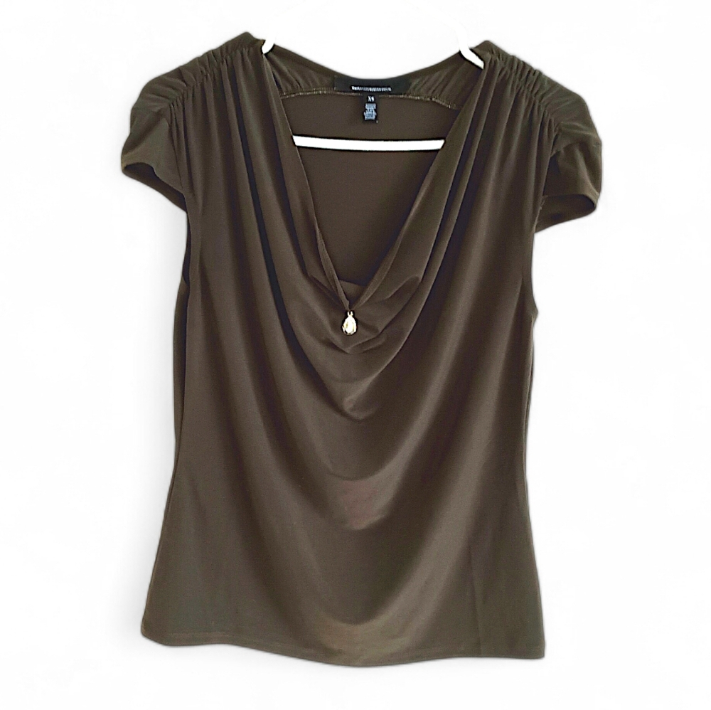 WHBM Olive Green Draped Neck Blouse Sexy Low Cut Gold Charm Elegant Stretchy XS